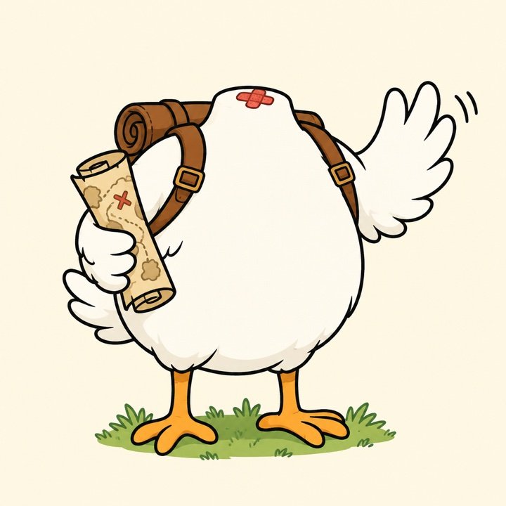 The headless chicken: a round white chicken with a bandage where his head should be, wearing a backpack, holding a treasure map and waving.